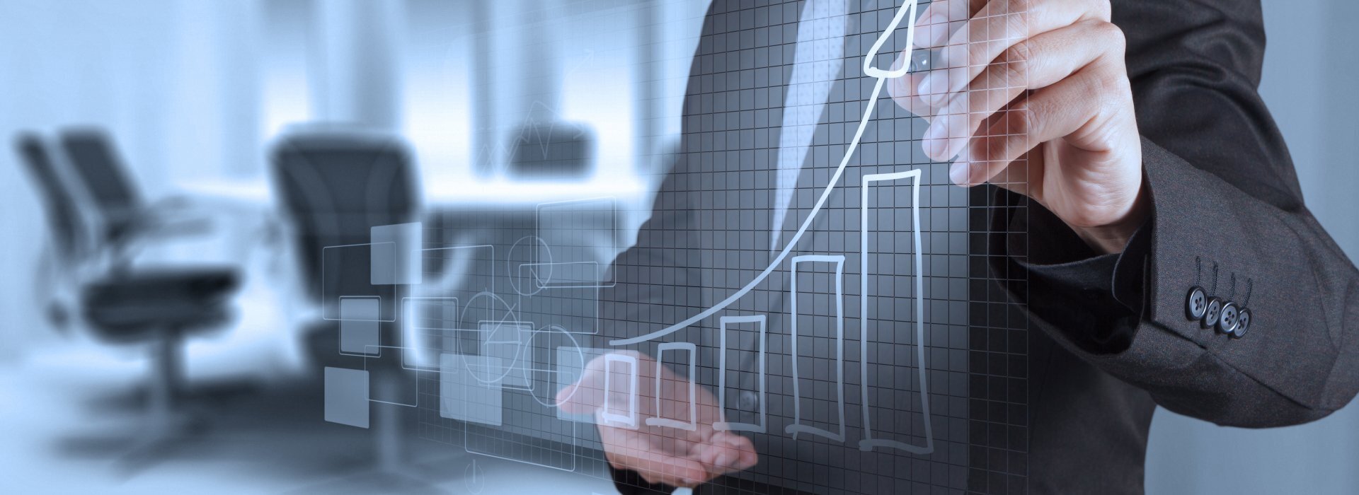 Man drawing graph increasing exponentially in floating space